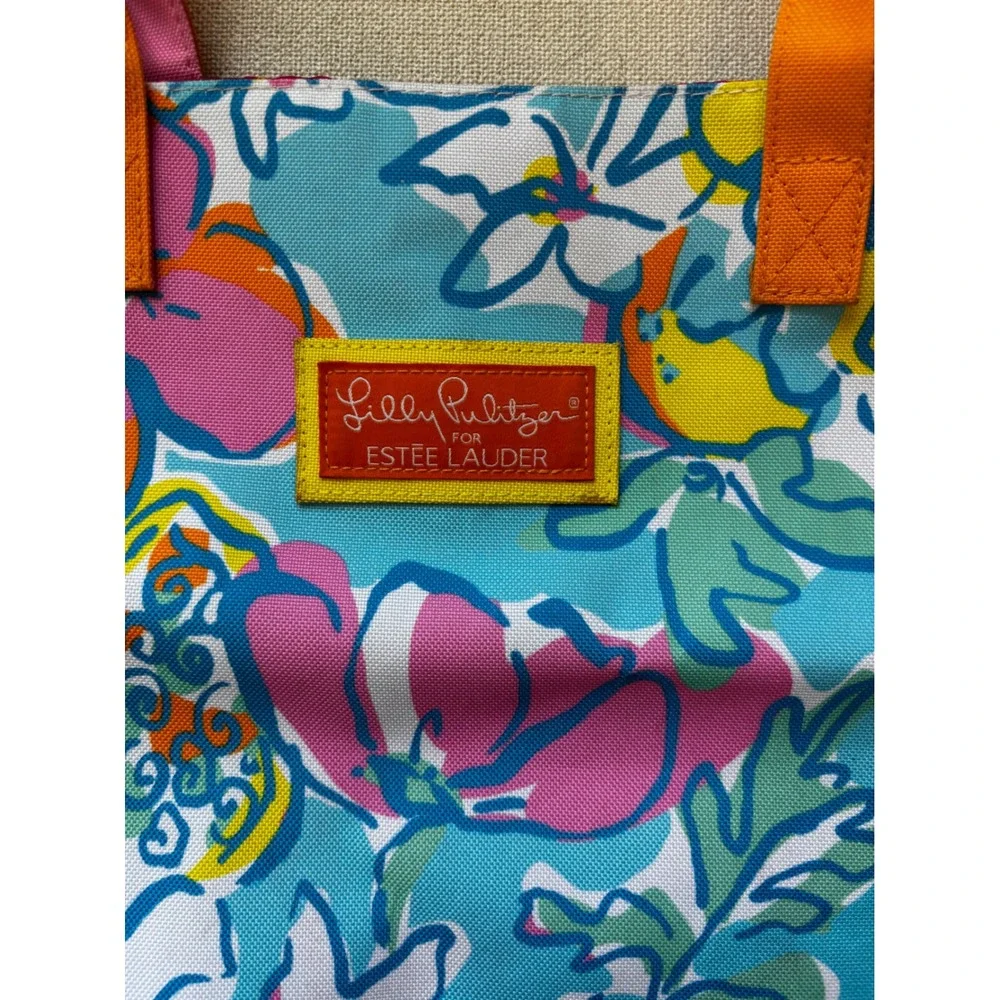 Lilly Pulitzer Tote Bag OS Blue‎ Floral Estee Lauder Canvas Beach Bag Travel